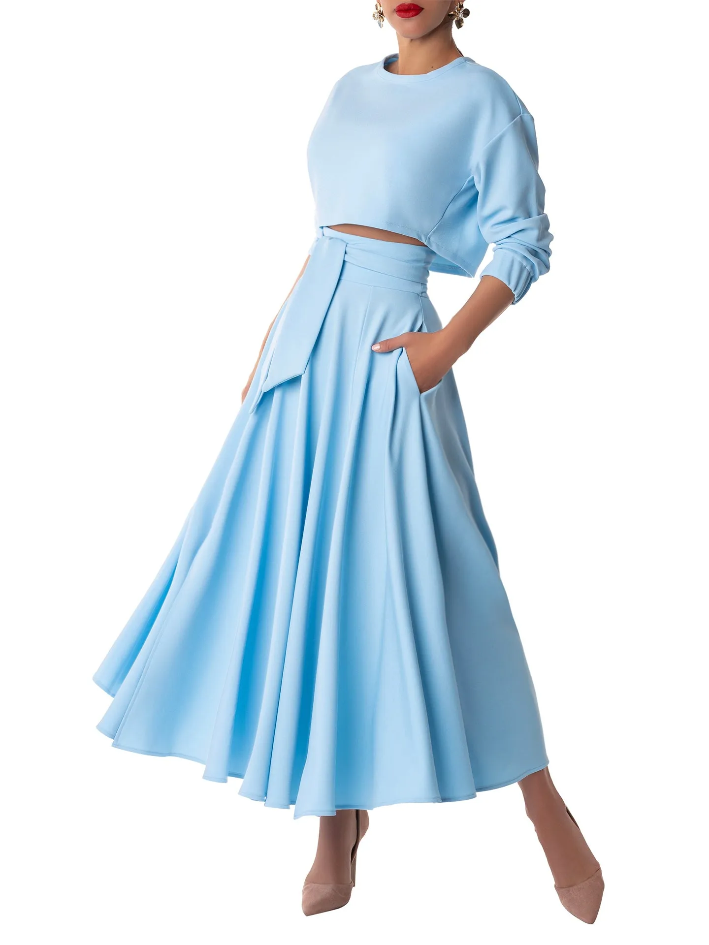 "Dominique" Light Blue Belted Swing Skirt