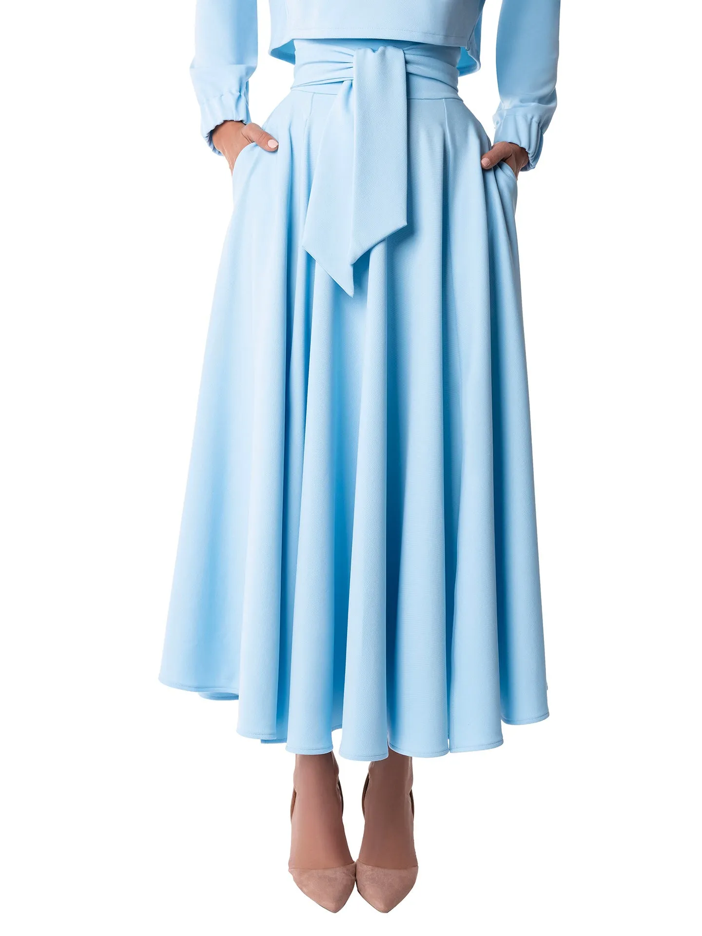 "Dominique" Light Blue Belted Swing Skirt