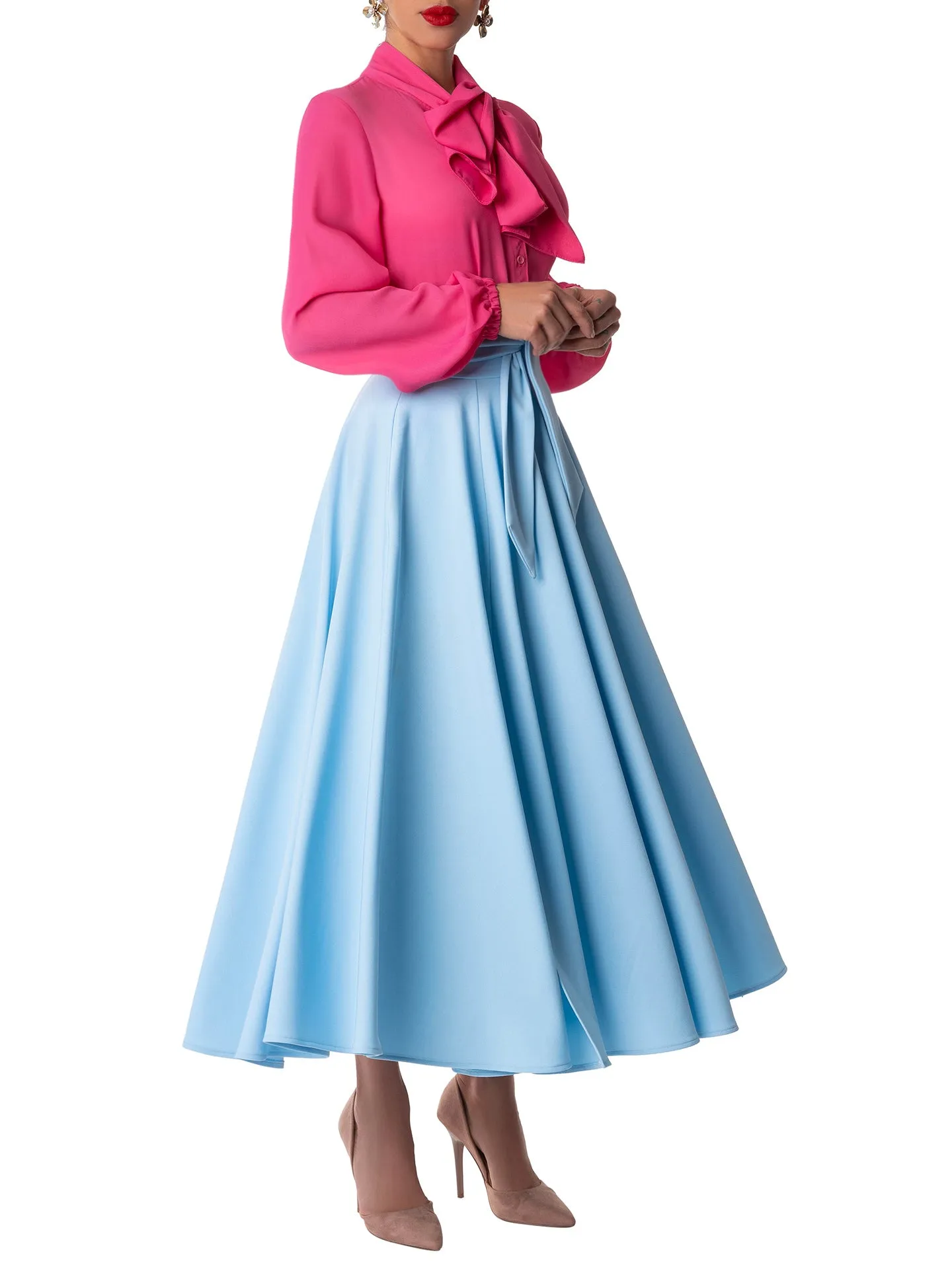 "Dominique" Light Blue Belted Swing Skirt