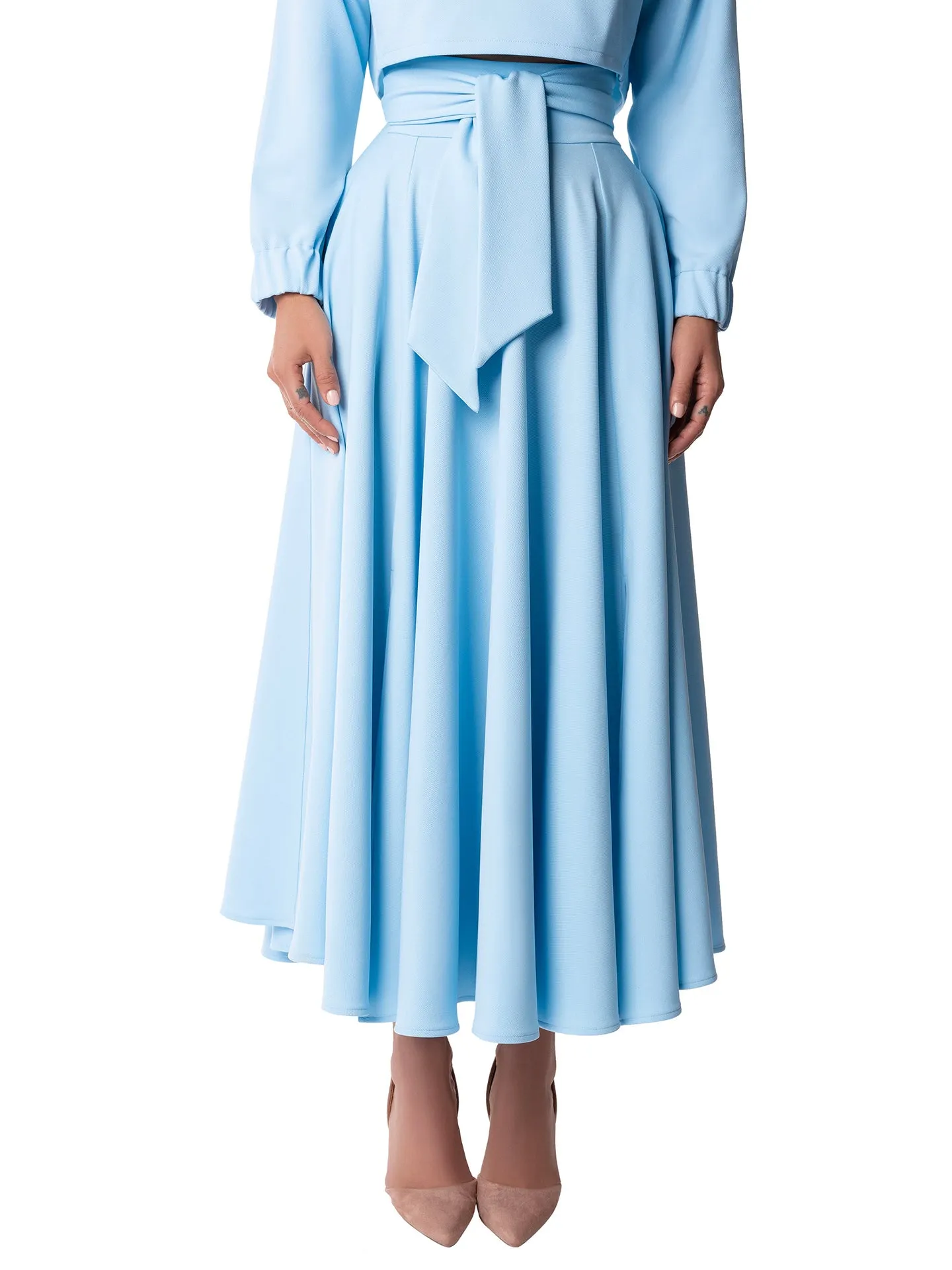 "Dominique" Light Blue Belted Swing Skirt