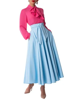 "Dominique" Light Blue Belted Swing Skirt