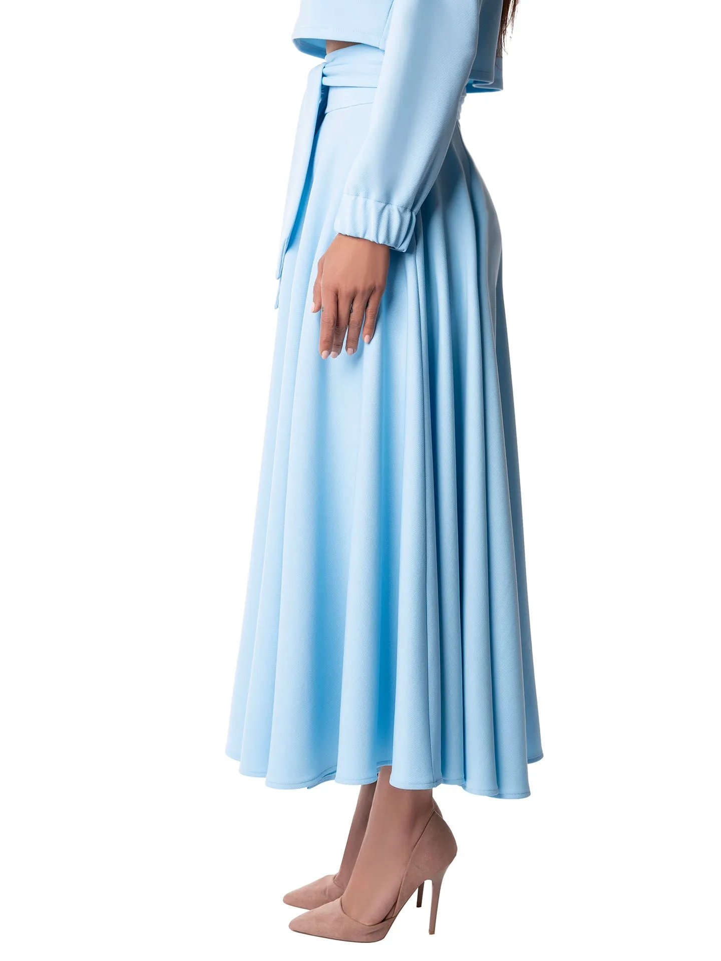 "Dominique" Light Blue Belted Swing Skirt