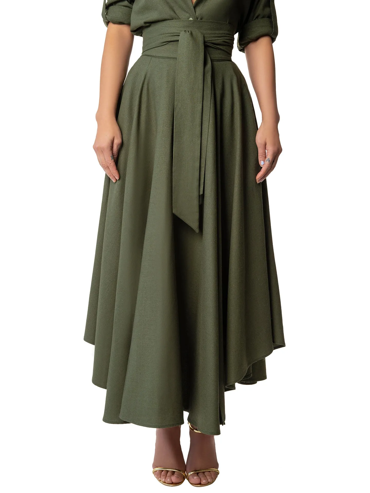 "Evergreen" Olive Belted Midi Skirt