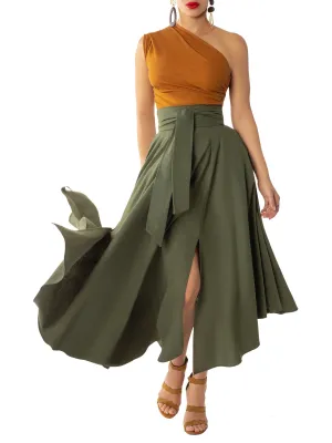 "Evergreen" Olive Belted Midi Skirt