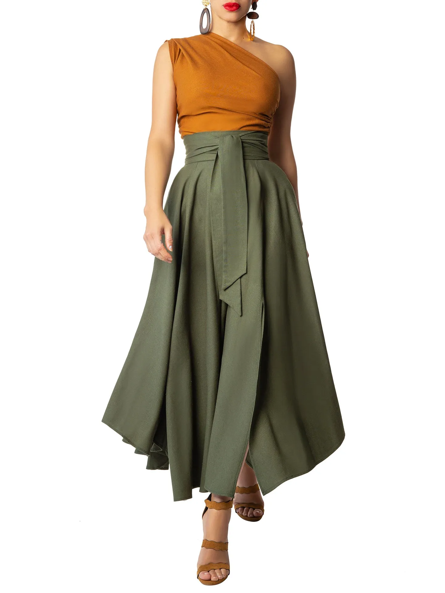"Evergreen" Olive Belted Midi Skirt
