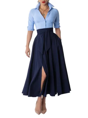 "Lizette" Navy Belted Swing Skirt