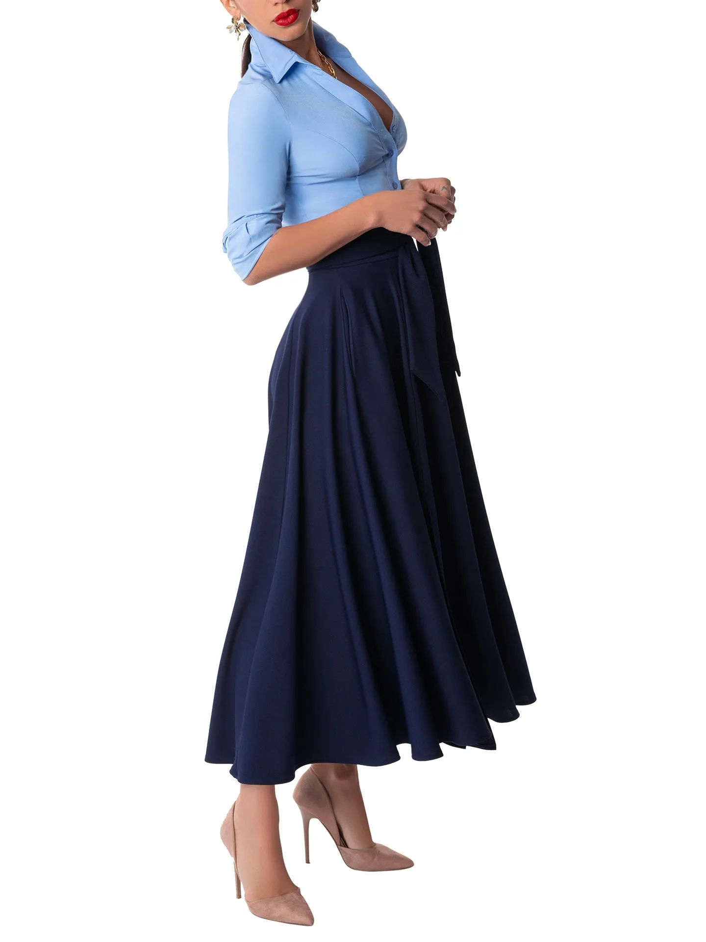"Lizette" Navy Belted Swing Skirt