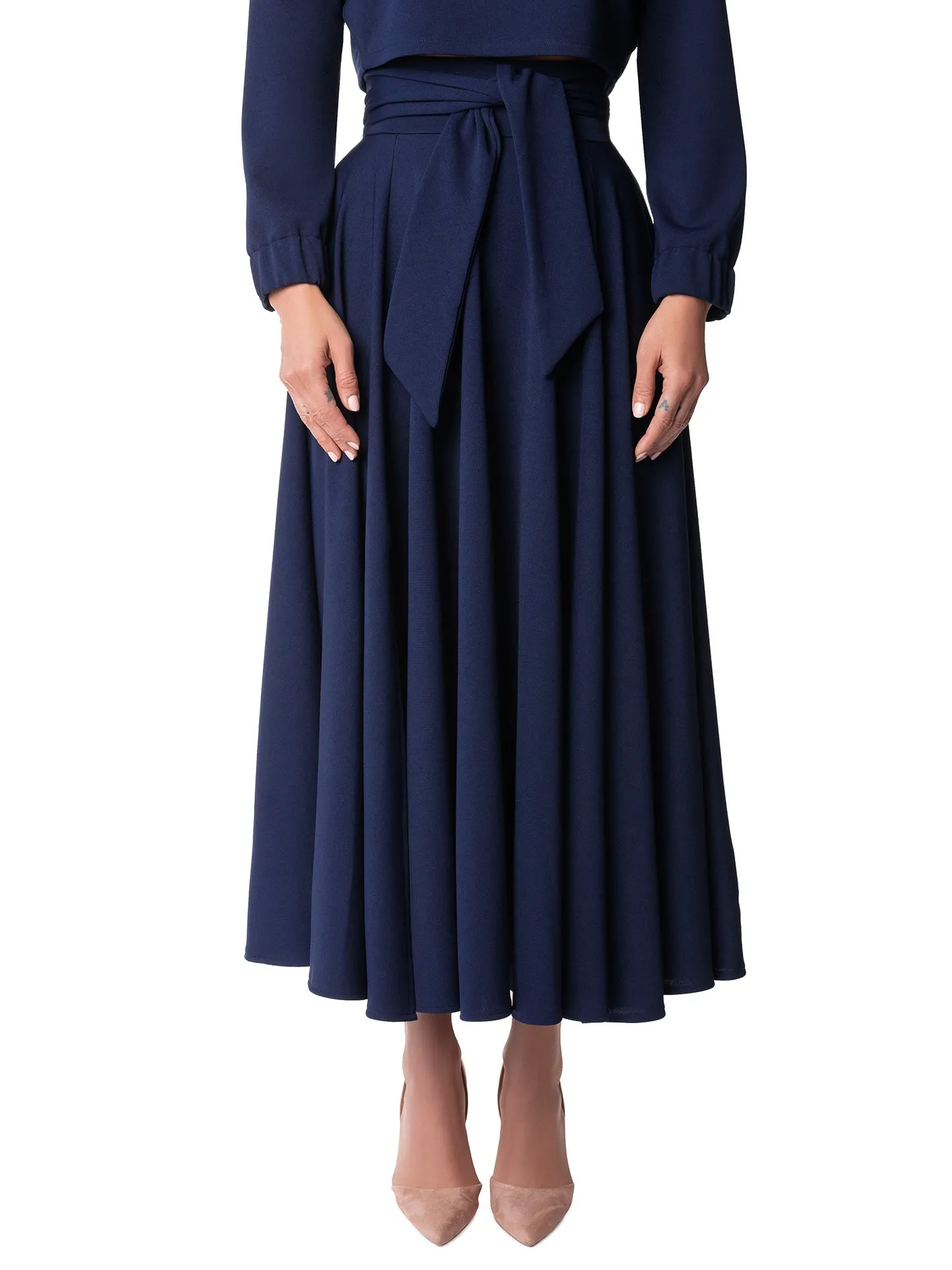 "Lizette" Navy Belted Swing Skirt