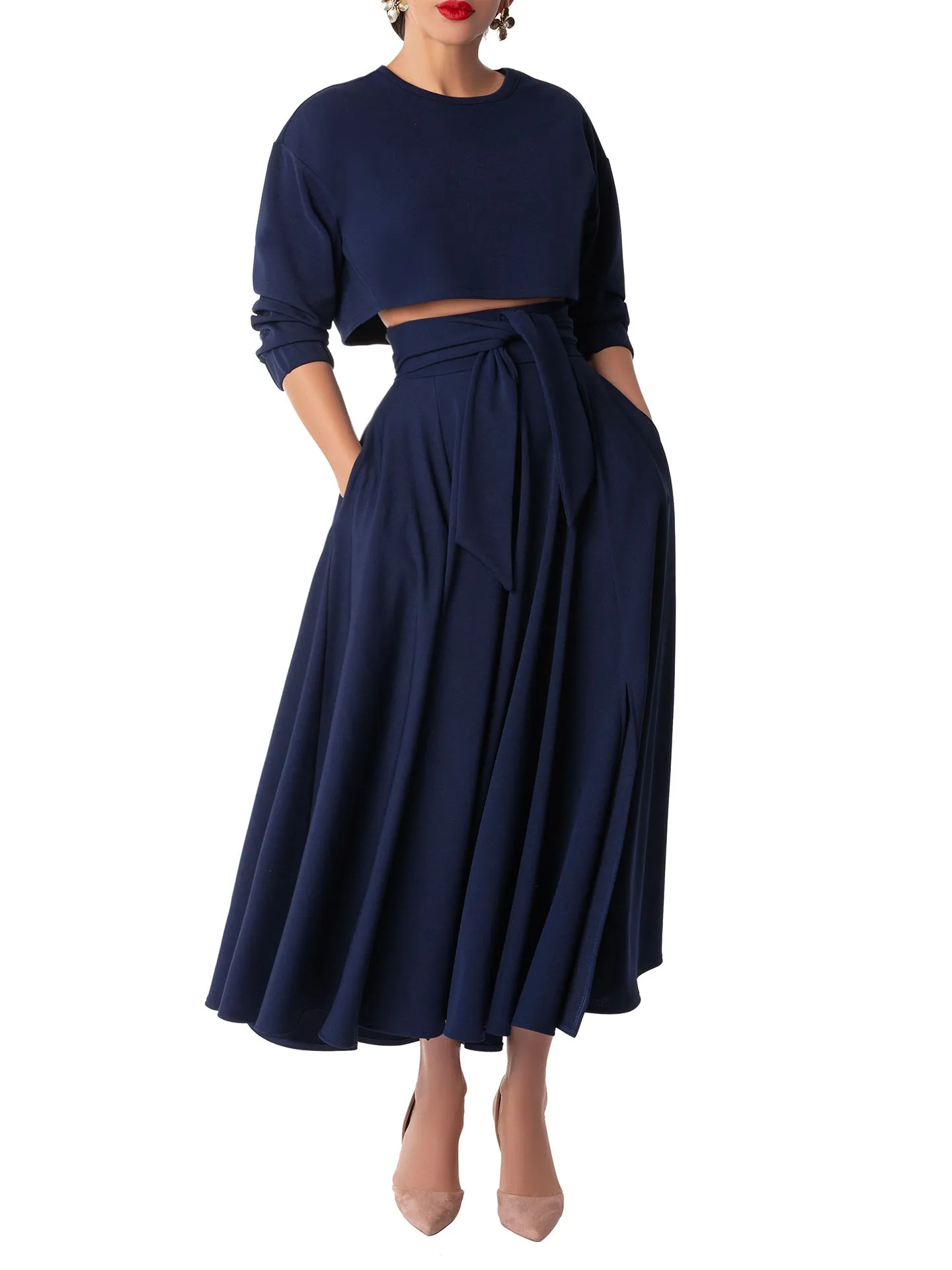 "Lizette" Navy Belted Swing Skirt