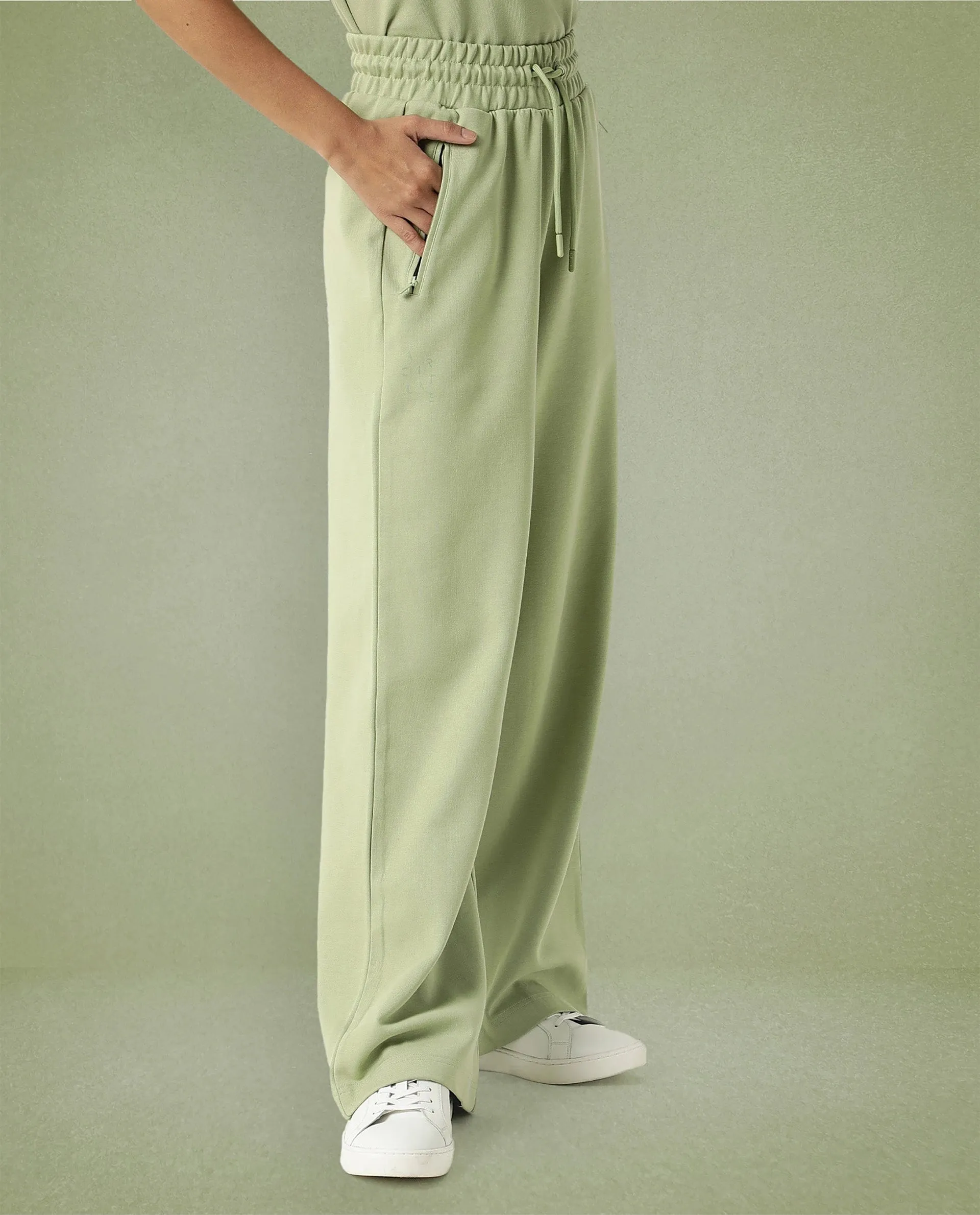 Rareism Women Capsule Light Green Cotton Blend Fabric Relaxed Fit Solid Mid Rise Ankle Length Track Pant