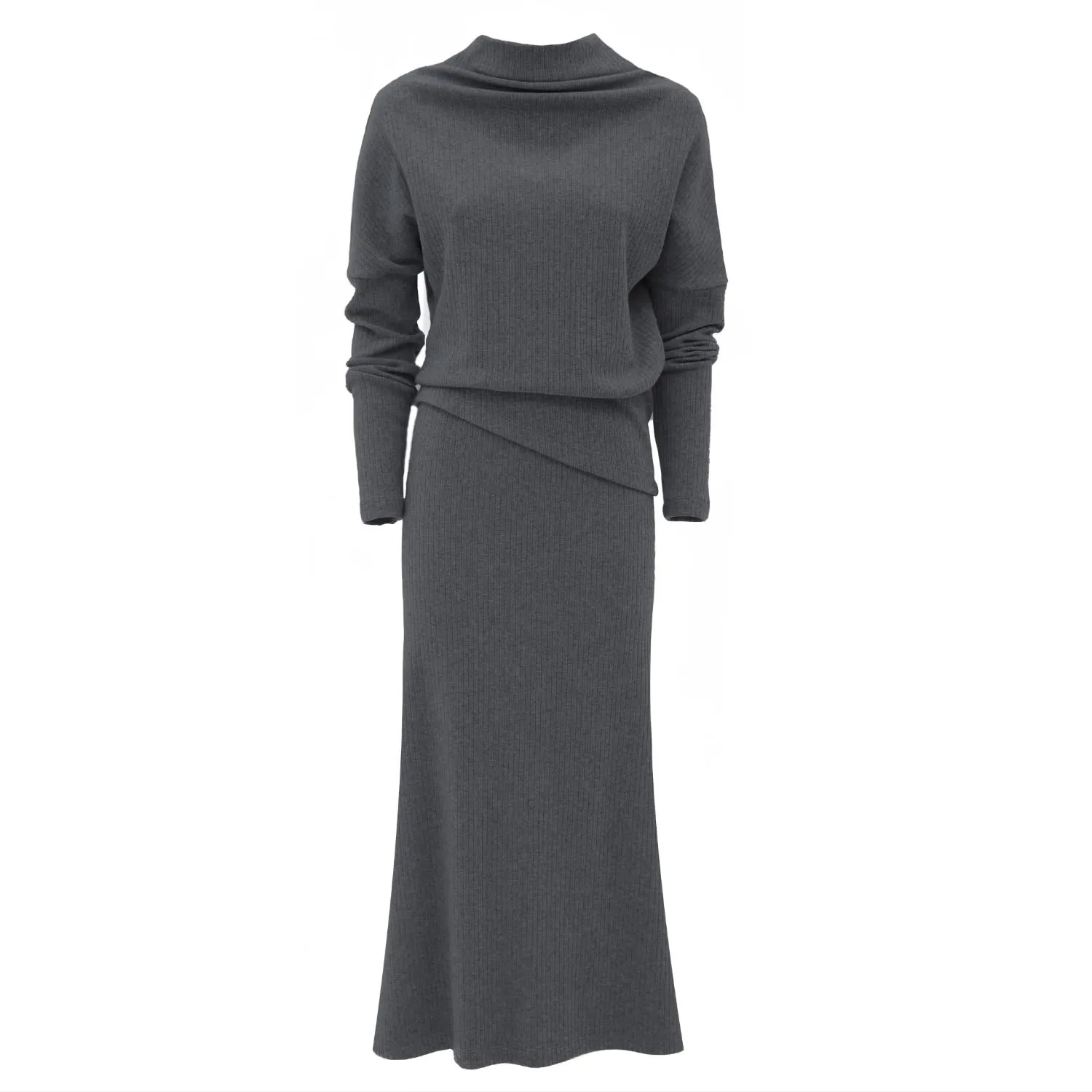 Rib Knit Suit Asymmetric Blouse & Basic Skirt Dark Grey