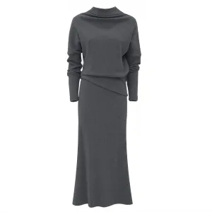 Rib Knit Suit Asymmetric Blouse & Basic Skirt Dark Grey