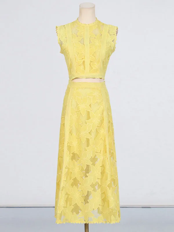 Romantic Lace Crop Top and A-Line Midi Skirt Set