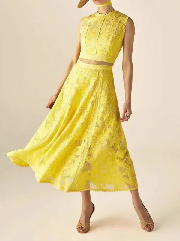 Romantic Lace Crop Top and A-Line Midi Skirt Set