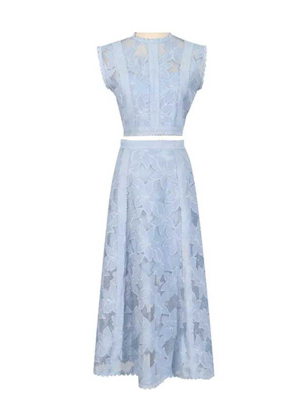 Romantic Lace Crop Top and A-Line Midi Skirt Set