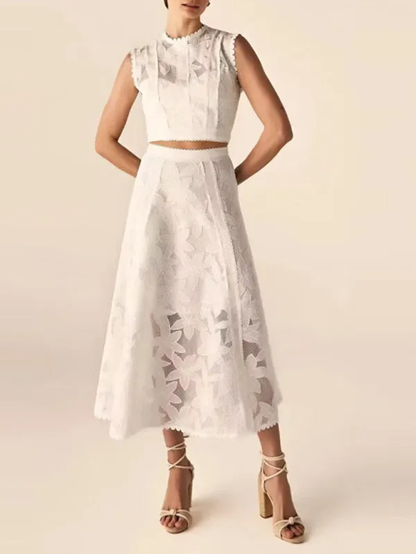 Romantic Lace Crop Top and A-Line Midi Skirt Set