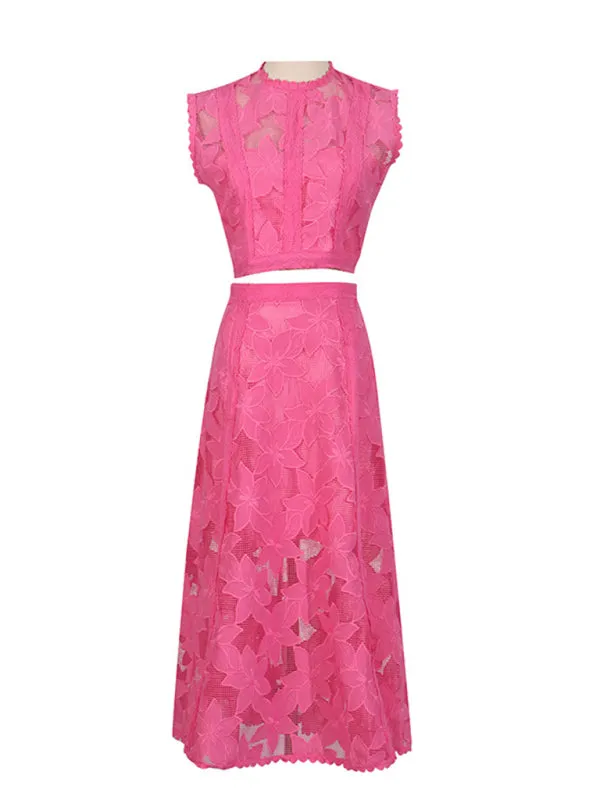 Romantic Lace Crop Top and A-Line Midi Skirt Set