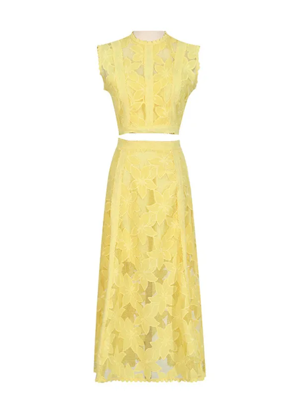 Romantic Lace Crop Top and A-Line Midi Skirt Set