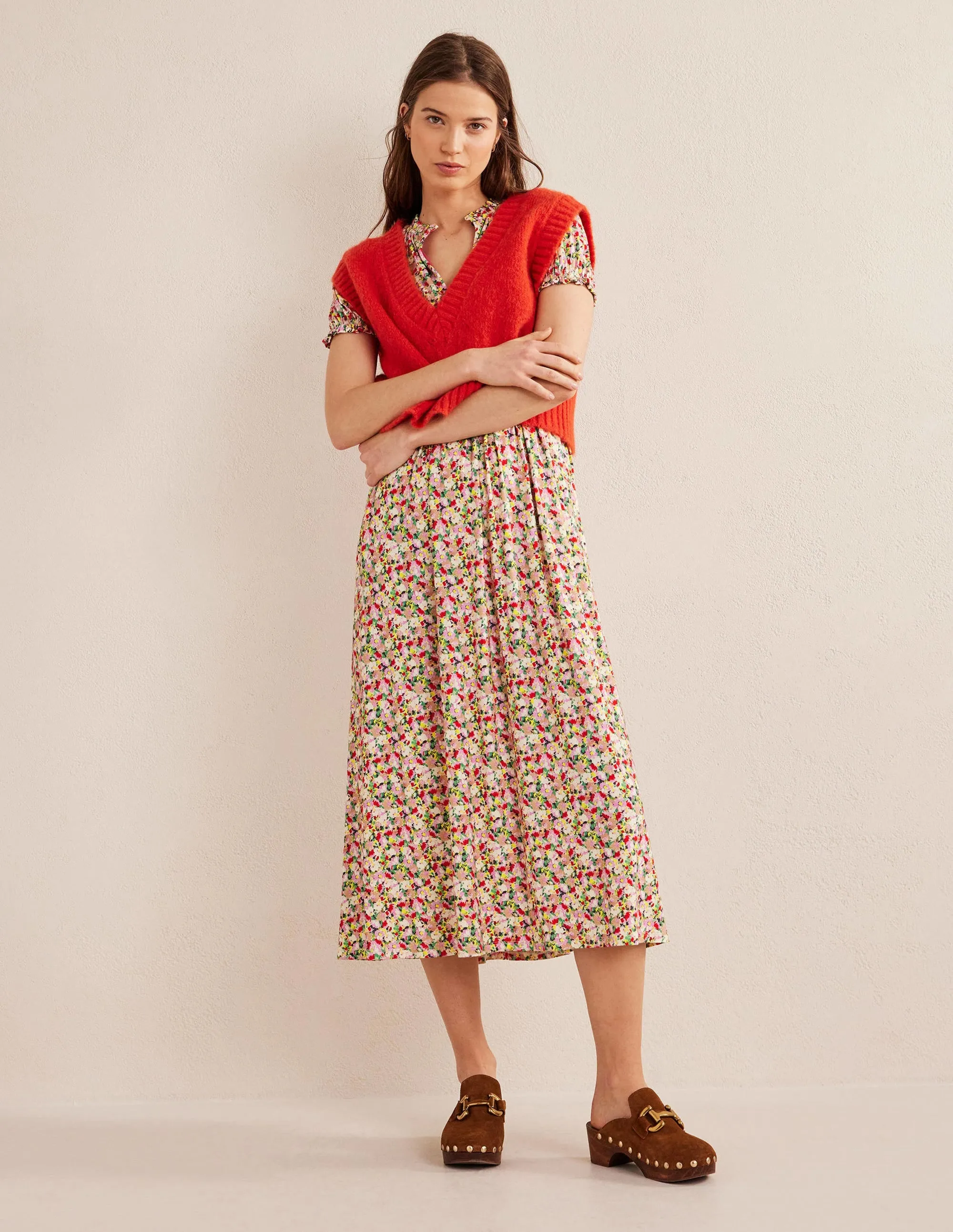 Rosanna Jersey Midi Tea Dress-Multi, Painterly Floret