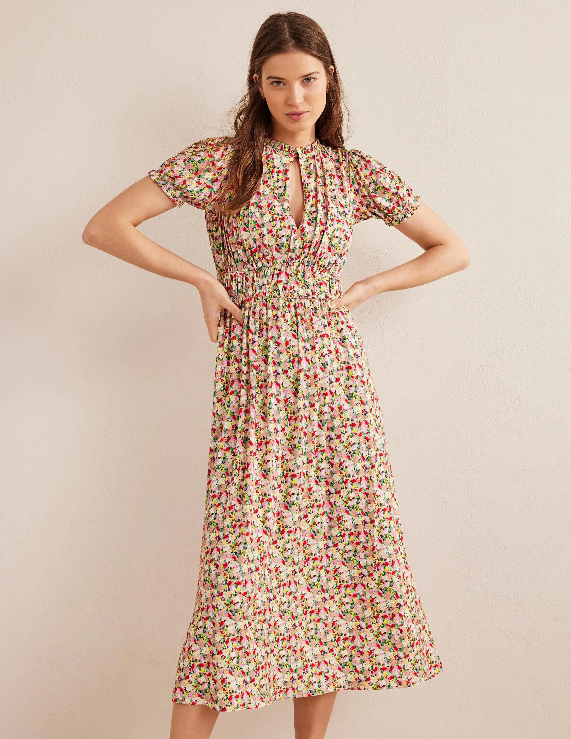 Rosanna Jersey Midi Tea Dress-Multi, Painterly Floret