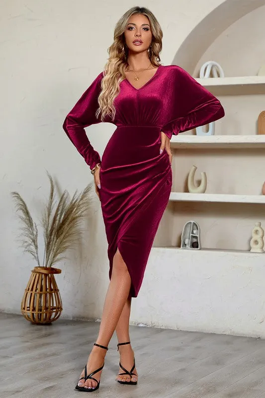 Ruched Sides Velvet Midi Dress