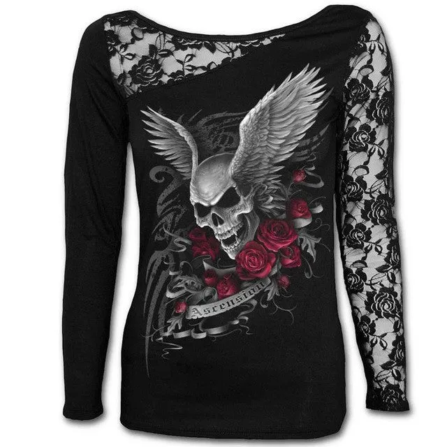 Sexy Skull Print Long Sleeve Tee Shirt