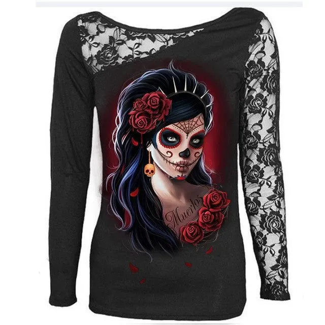 Sexy Skull Print Long Sleeve Tee Shirt