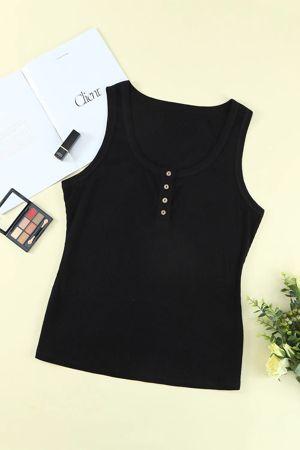 Sheer Buttons Ribbed U Neck Plus Size Tank Top