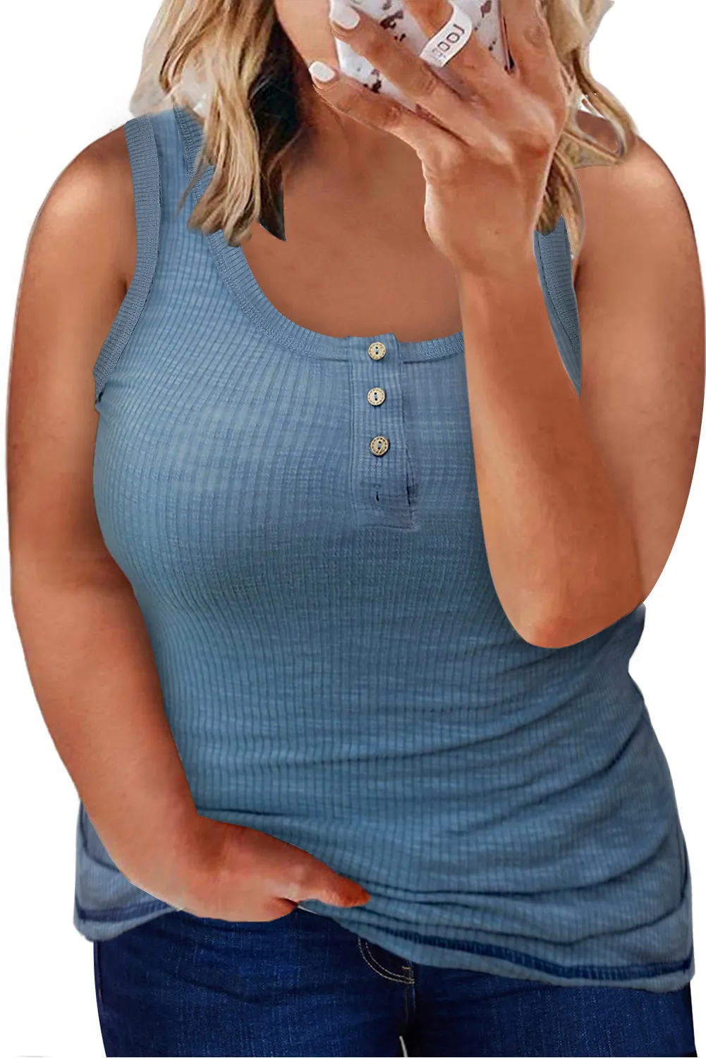 Sheer Buttons Ribbed U Neck Plus Size Tank Top