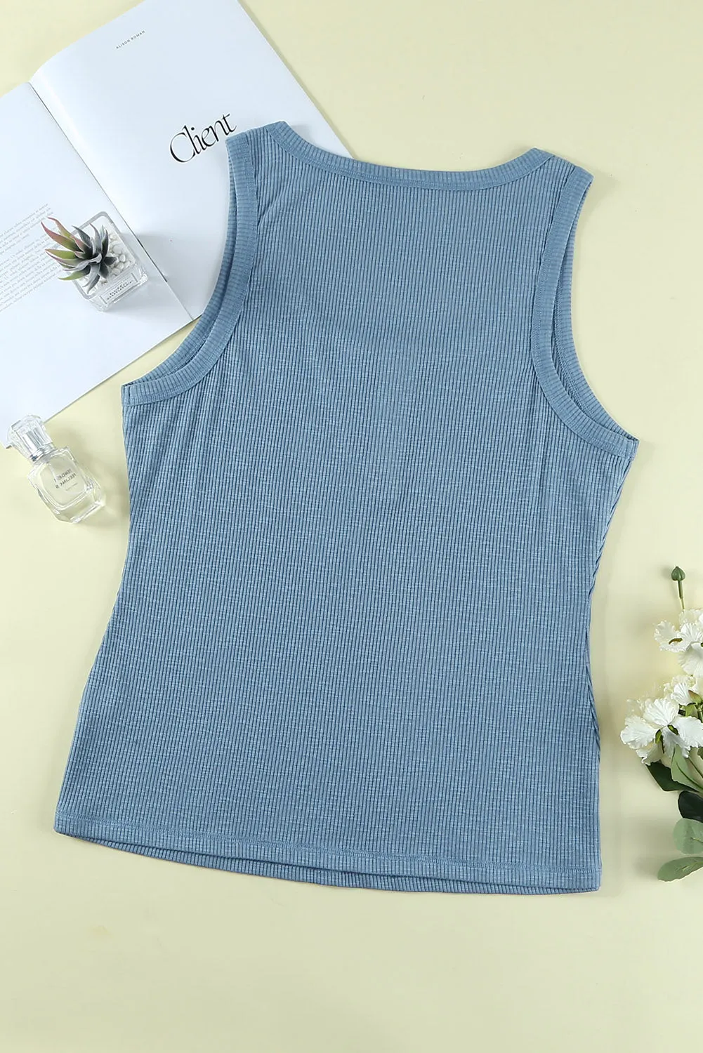 Sheer Buttons Ribbed U Neck Plus Size Tank Top