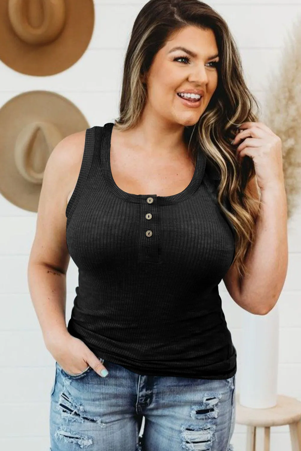 Sheer Buttons Ribbed U Neck Plus Size Tank Top