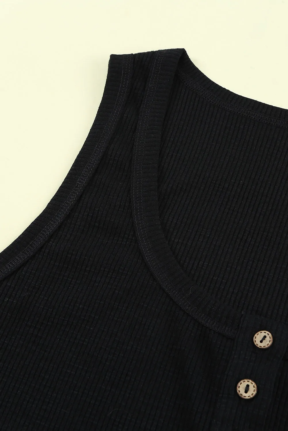 Sheer Buttons Ribbed U Neck Plus Size Tank Top