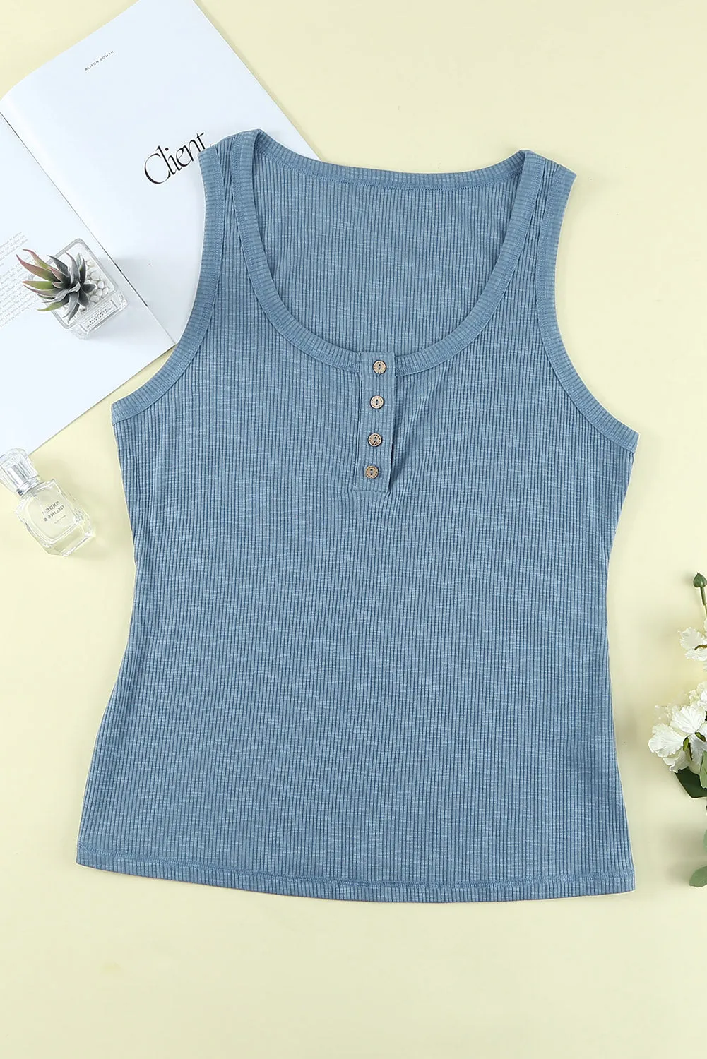 Sheer Buttons Ribbed U Neck Plus Size Tank Top