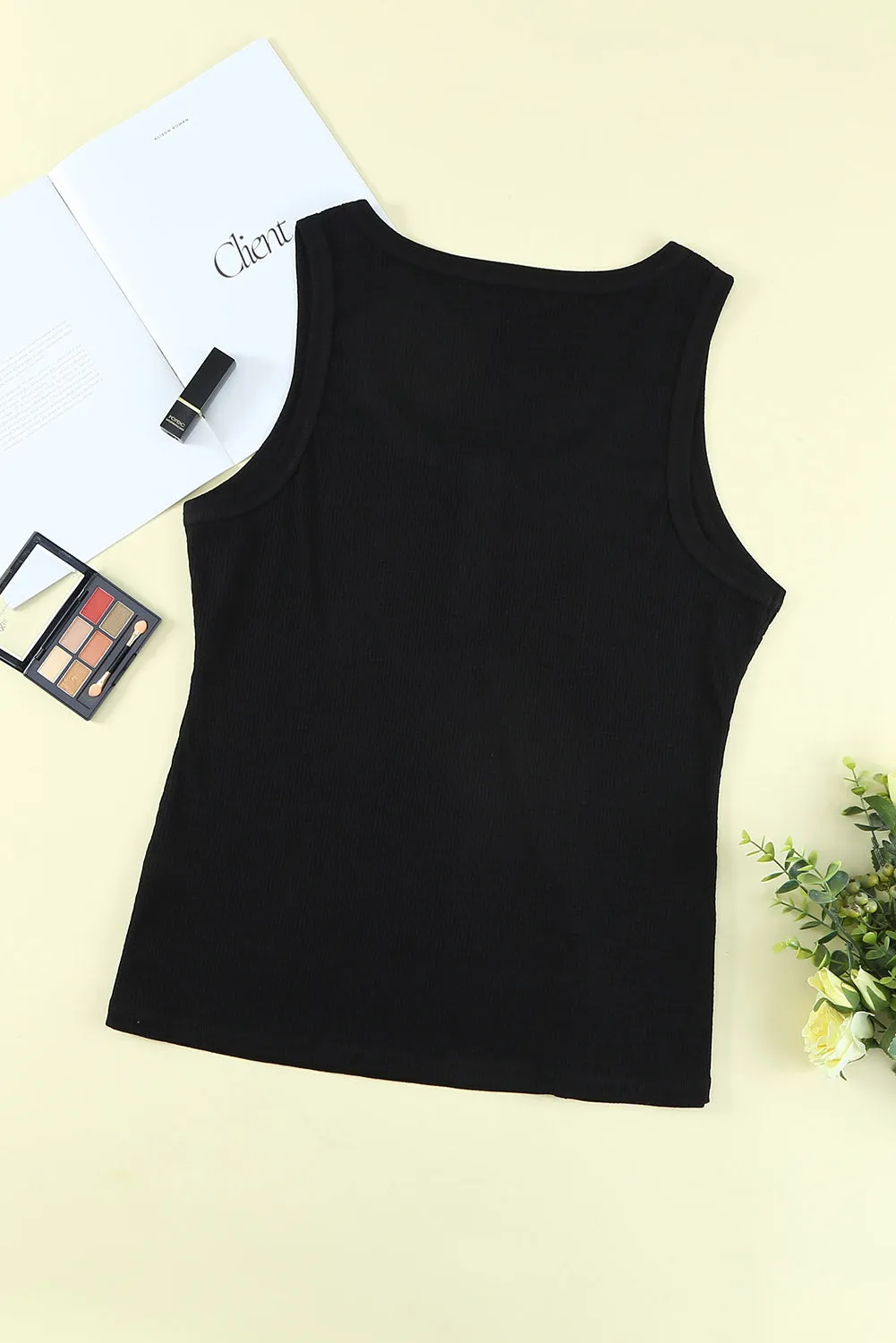 Sheer Buttons Ribbed U Neck Plus Size Tank Top