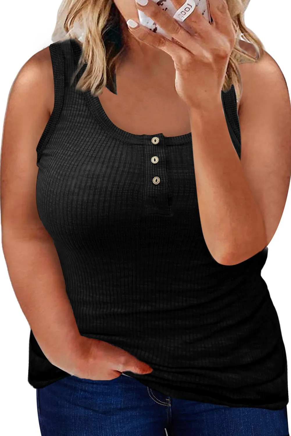 Sheer Buttons Ribbed U Neck Plus Size Tank Top