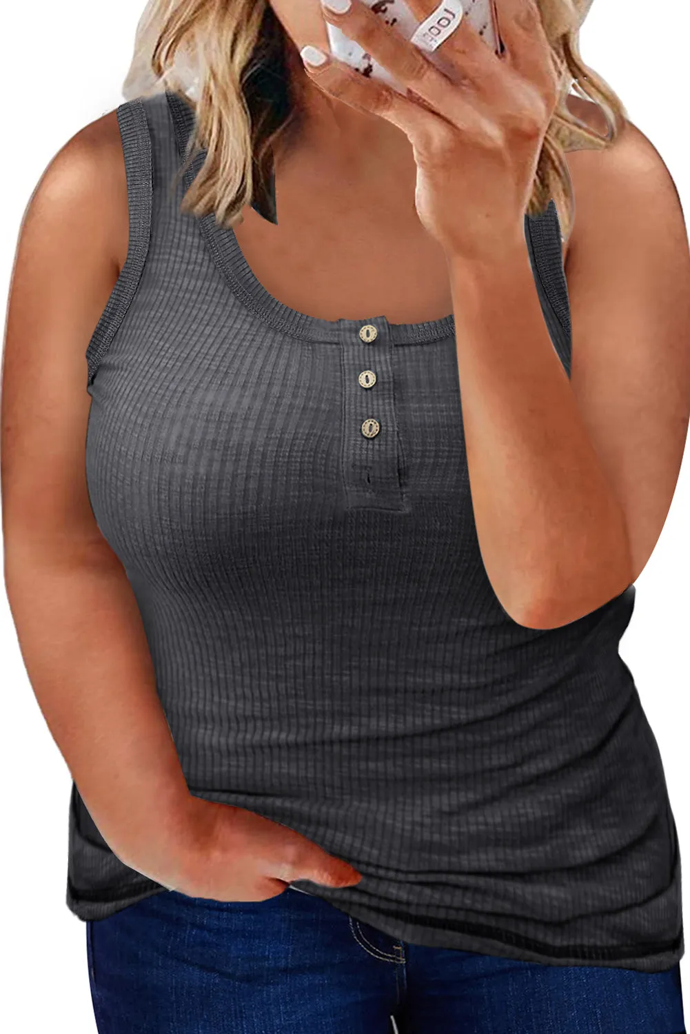 Sheer Buttons Ribbed U Neck Plus Size Tank Top