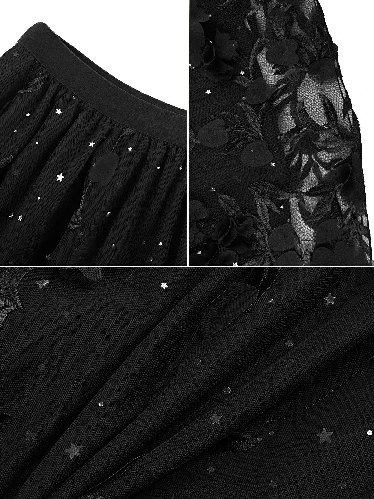 Shiny Sequin Applique Tulle A-Line Skirt
