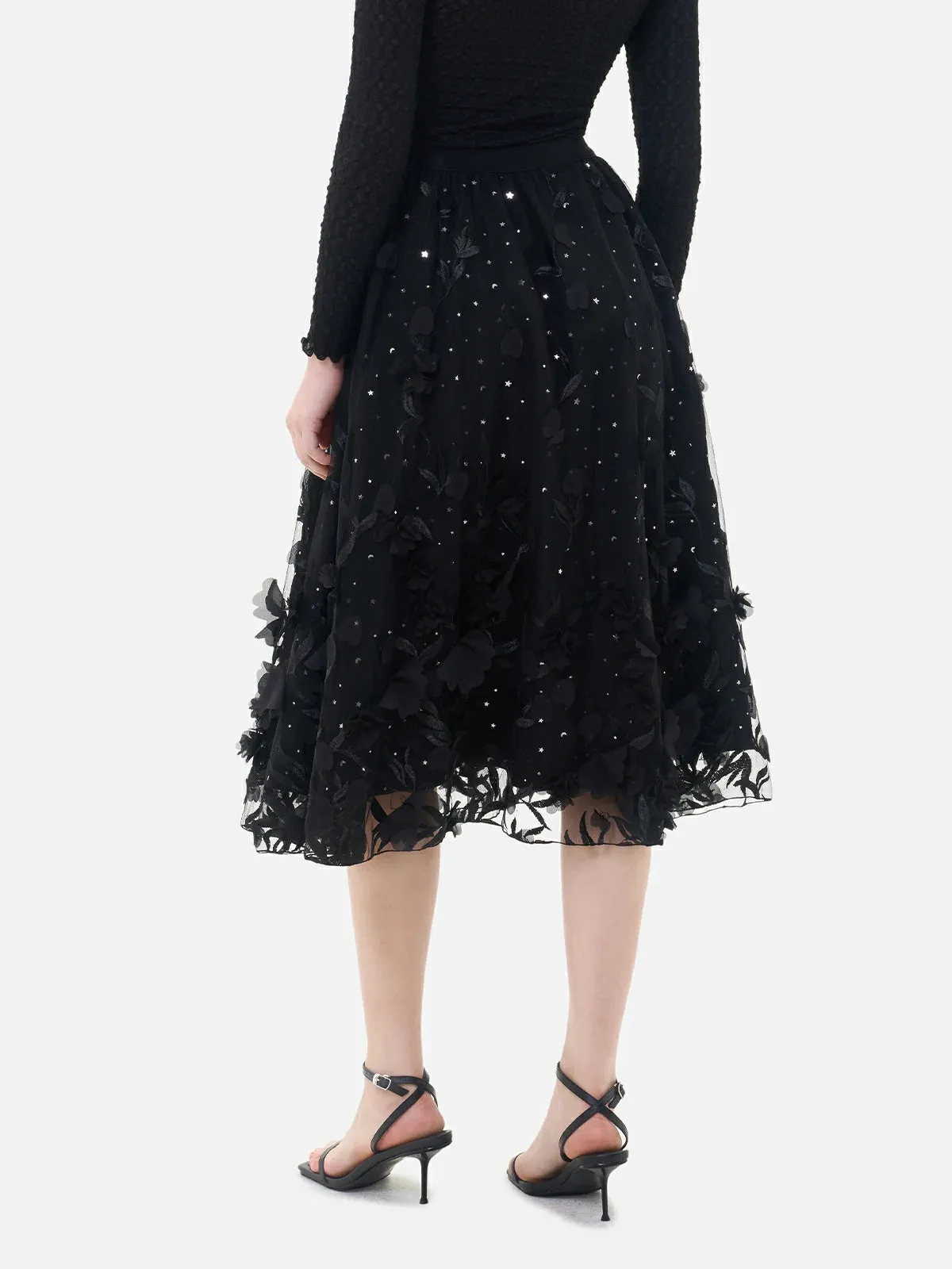 Shiny Sequin Applique Tulle A-Line Skirt