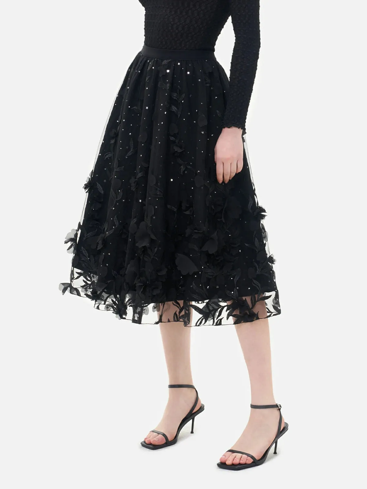 Shiny Sequin Applique Tulle A-Line Skirt
