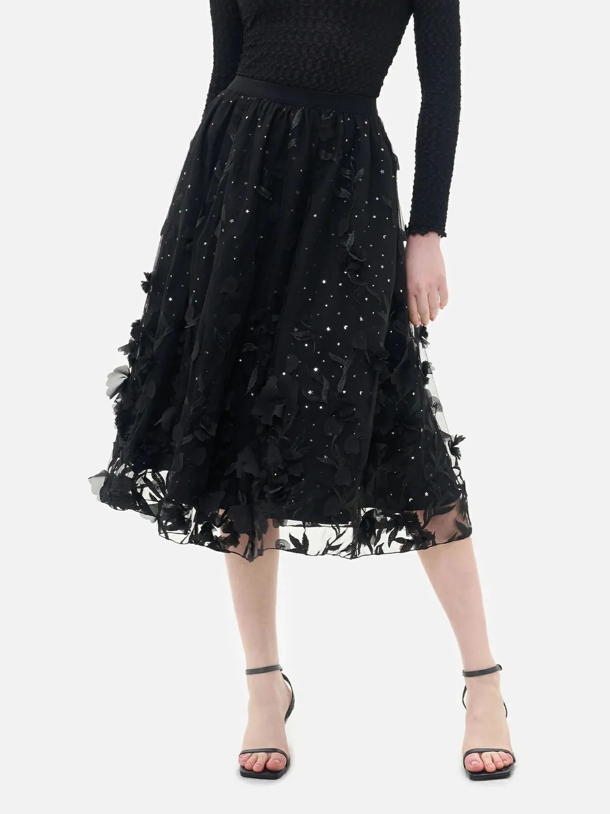 Shiny Sequin Applique Tulle A-Line Skirt