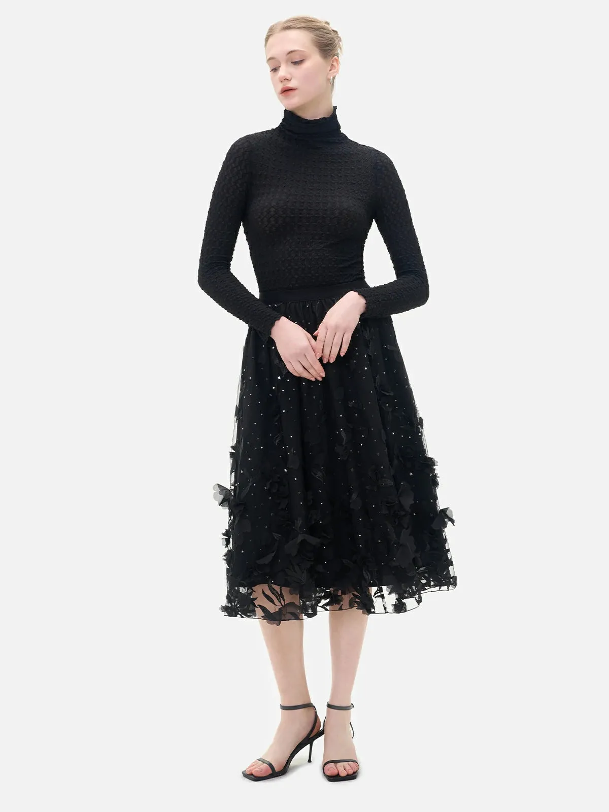 Shiny Sequin Applique Tulle A-Line Skirt
