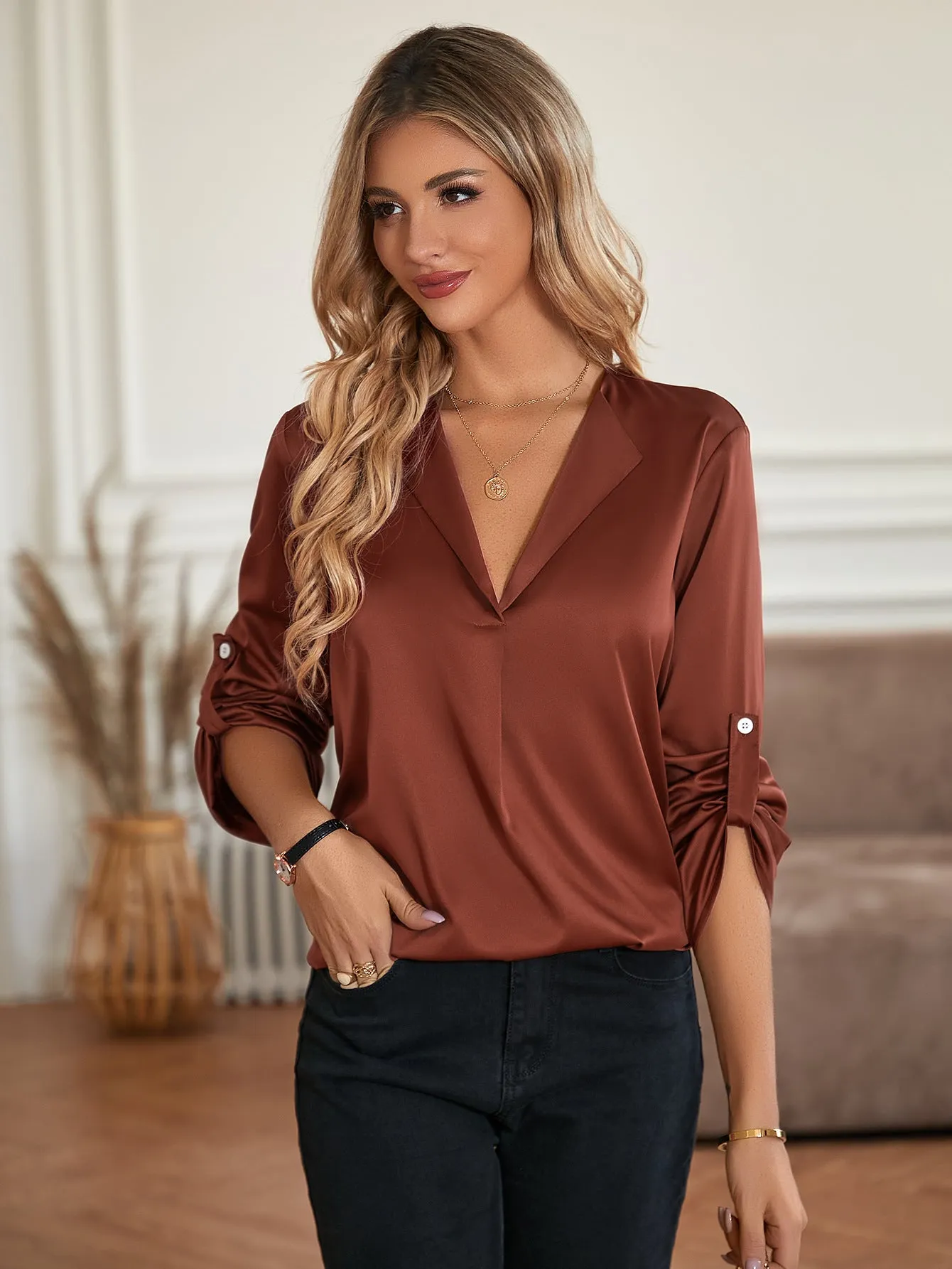 Silky V-neck Casual Solid Color Loose Long Sleeve Blouse