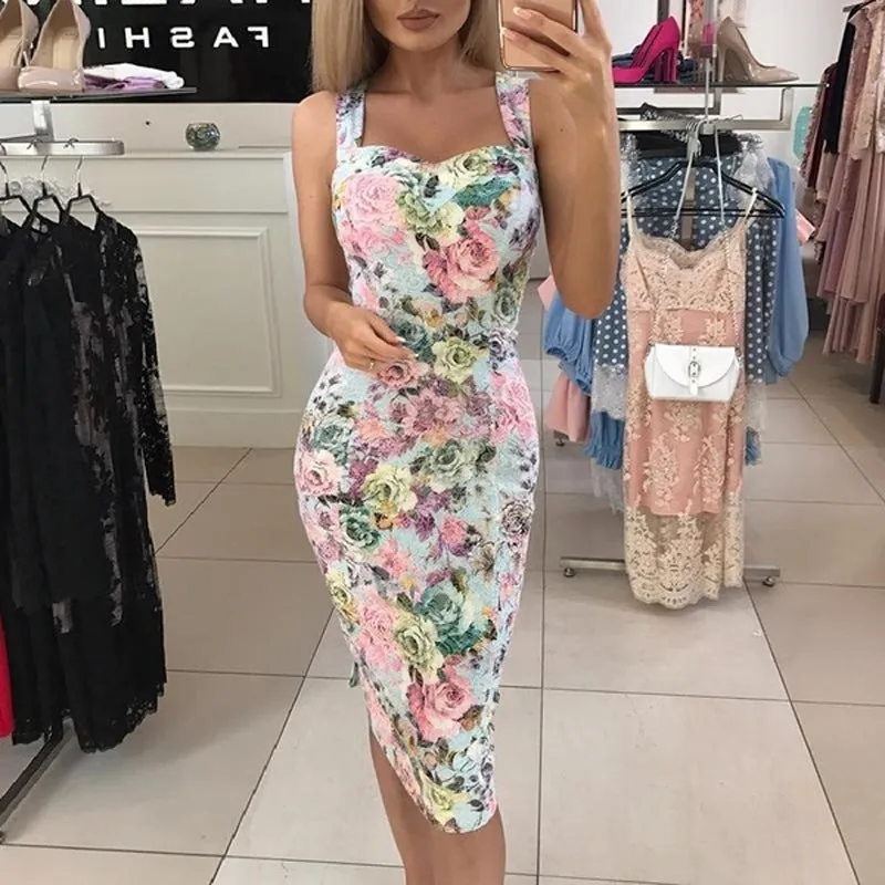 Slim Fit Slimming Spaghetti Straps Printed Dresses