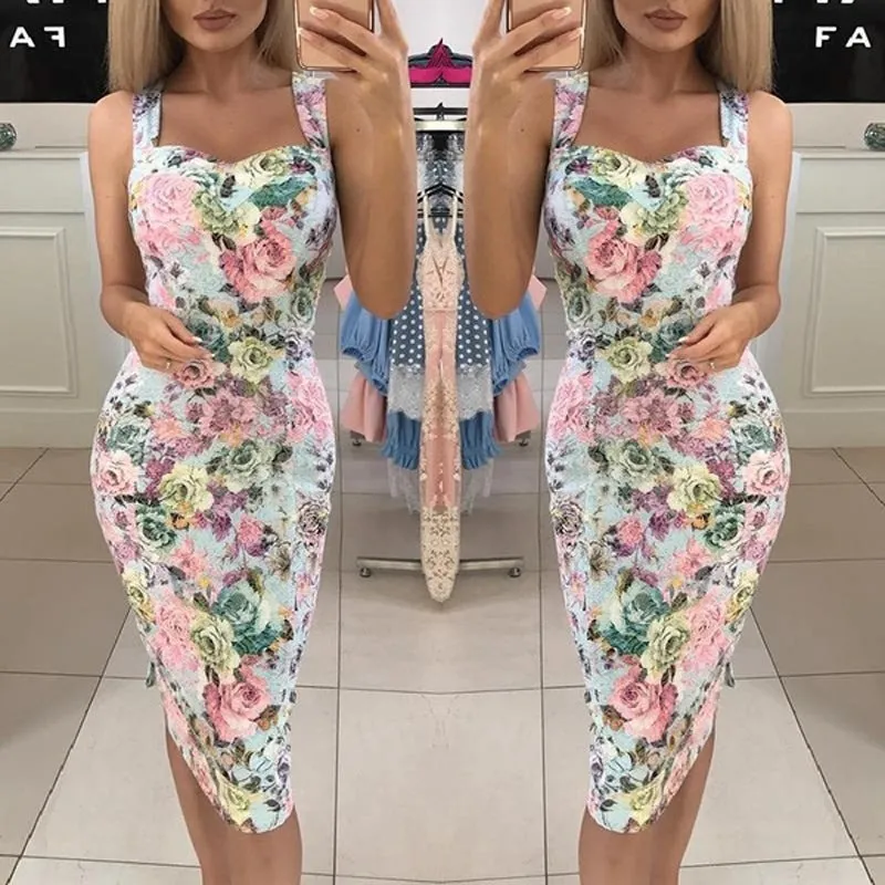 Slim Fit Slimming Spaghetti Straps Printed Dresses