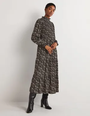 Smocked Tiered Midi Dress-Black, Prairie Garden