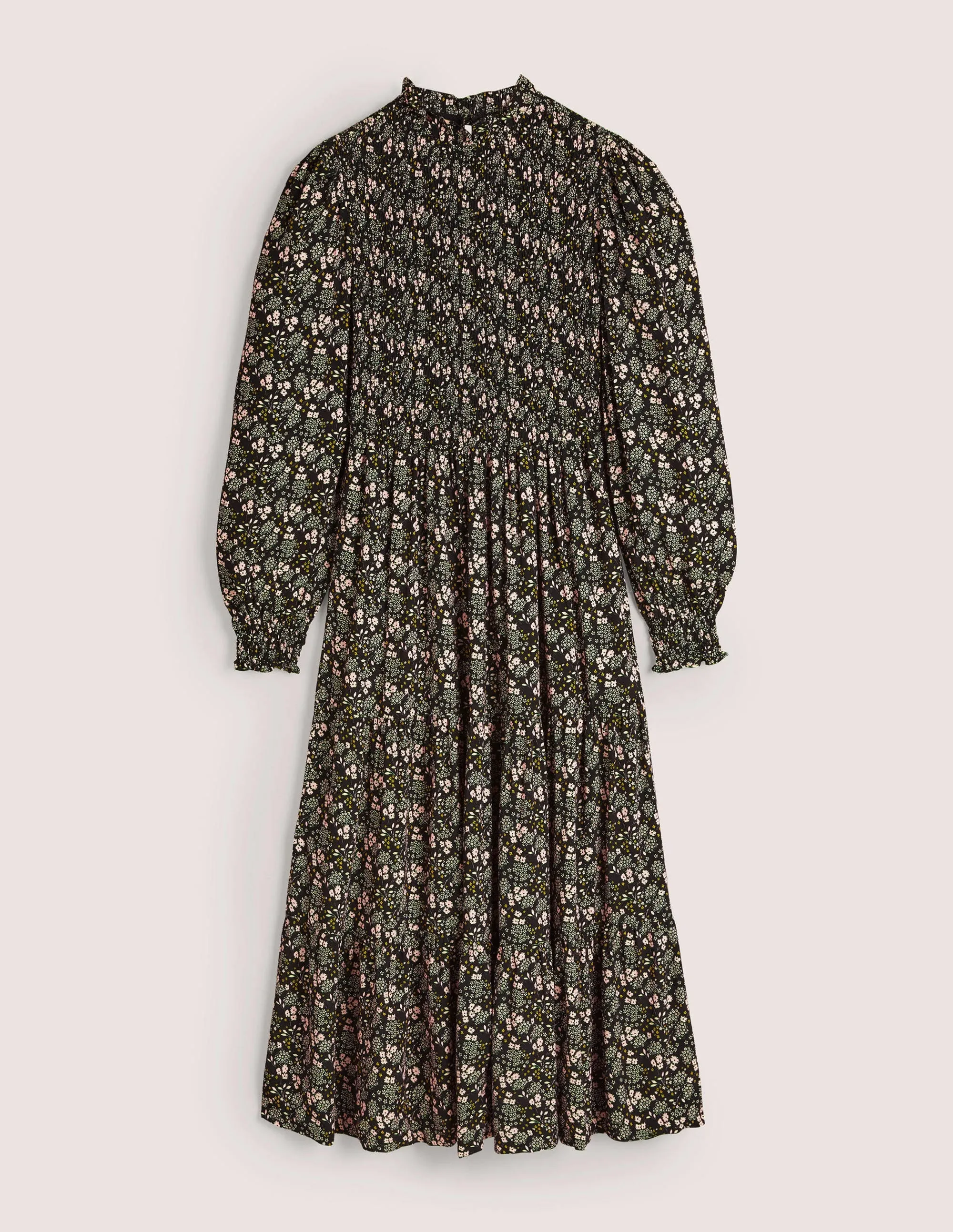 Smocked Tiered Midi Dress-Black, Prairie Garden