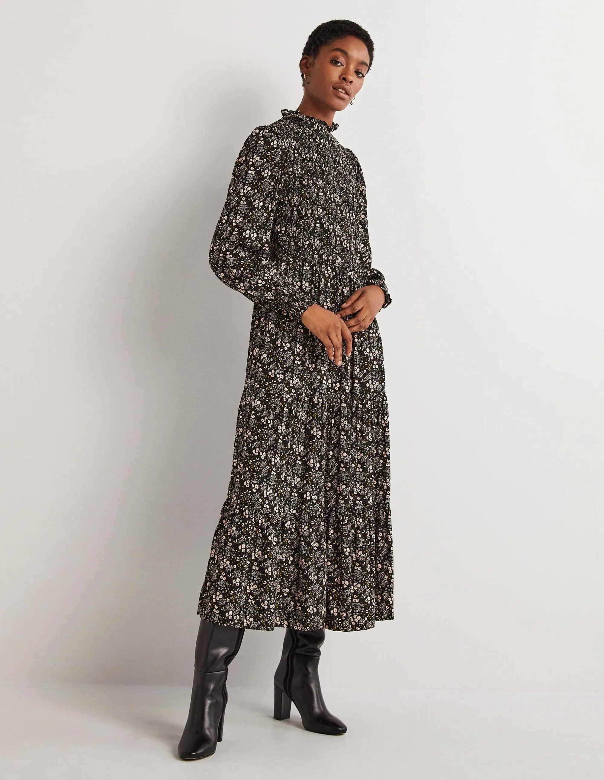 Smocked Tiered Midi Dress-Black, Prairie Garden