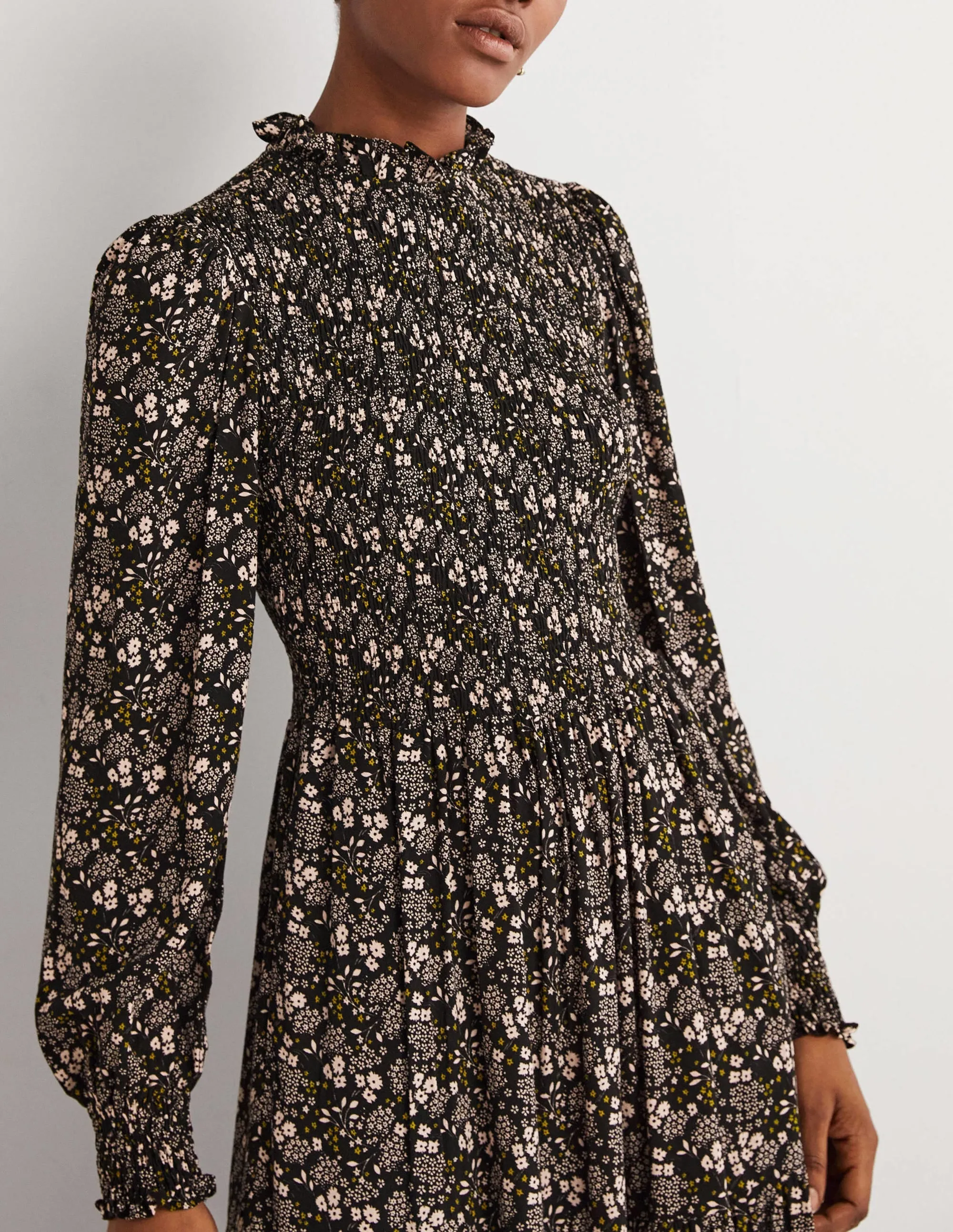 Smocked Tiered Midi Dress-Black, Prairie Garden