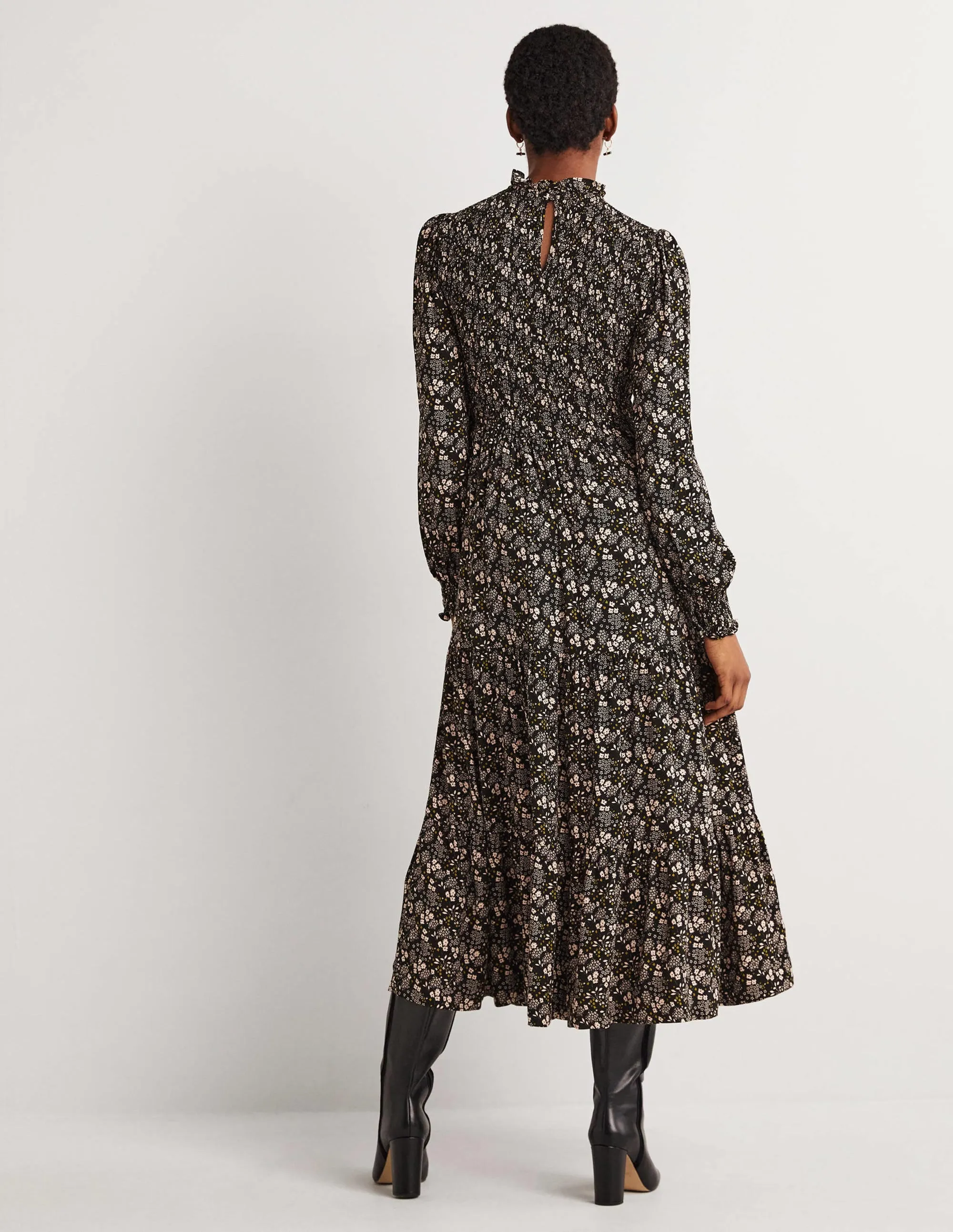 Smocked Tiered Midi Dress-Black, Prairie Garden