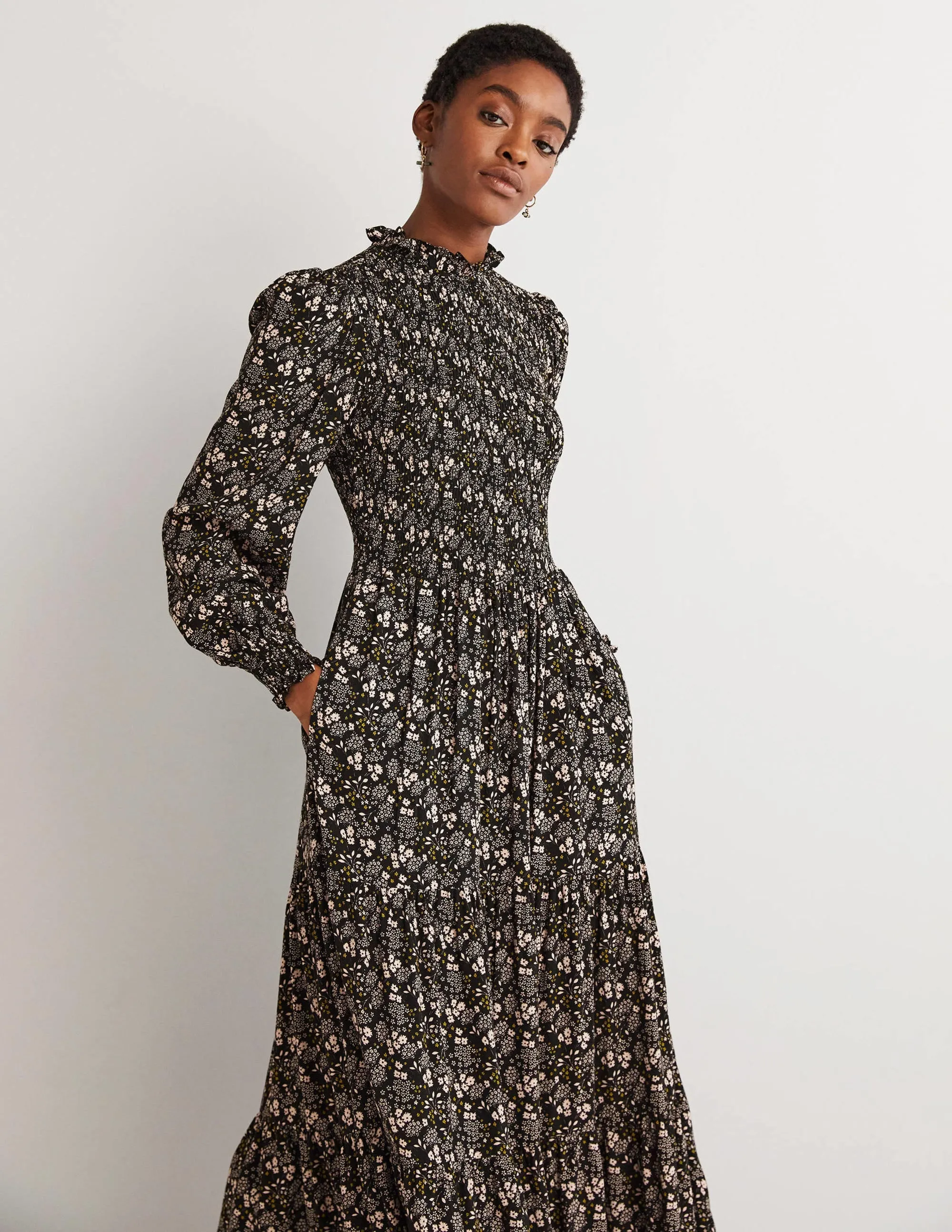 Smocked Tiered Midi Dress-Black, Prairie Garden